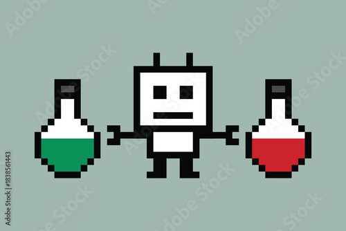 Cartoon pixel art of humanoid robot learning toy robotic engineer bot machine business vector character automation electronic background 8 bit artificial intelligence android digital design.