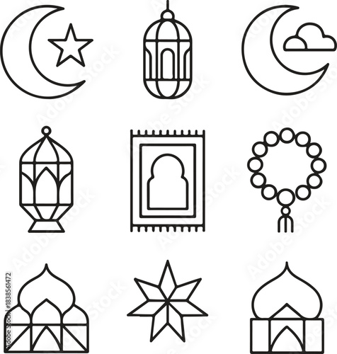 Collection of islamic cultural symbols and icons including crescent moon star mosque domes lanterns prayer rug and prayer beads for religious celebration and design