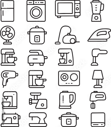 Collection of clean line art icons representing various household kitchen appliances and electronic devices for home use