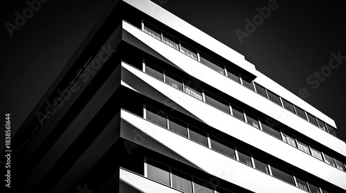 Fototapeta Naklejka Na Ścianę i Meble -  3d Render of Minimalist Building Structure With Shadow Details Emerging From Blank Space With Clear Diagonal Lines Over Original Background