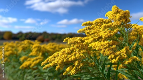 Bright yellow flowers bloom in a field under a clear blue sky with white clouds present above during the daytime