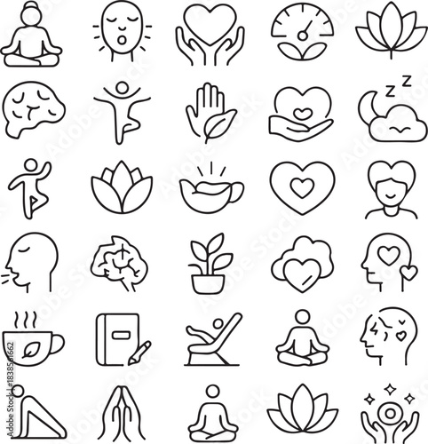 Collection of line art icons representing wellness mindfulness meditation yoga and self care concepts