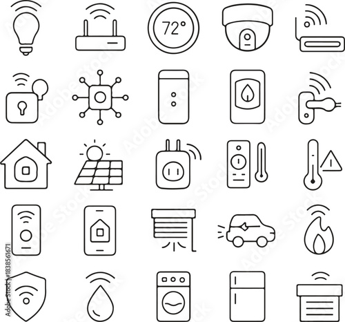 Collection of hand drawn outline icons representing smart home technology devices and concepts for connected living