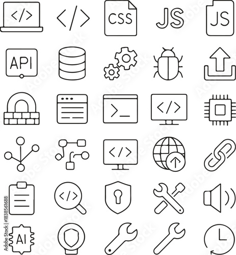 Collection of hand drawn doodle icons representing programming web development software engineering and technology concepts for digital design