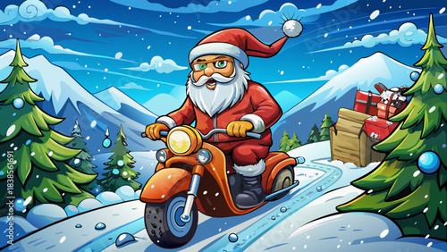 Very beautiful dynamic winter illustration of Santa Claus riding a motorbike through a snowy storm, creating an adventurous and energetic holiday scene ideal for festive art and posters.
