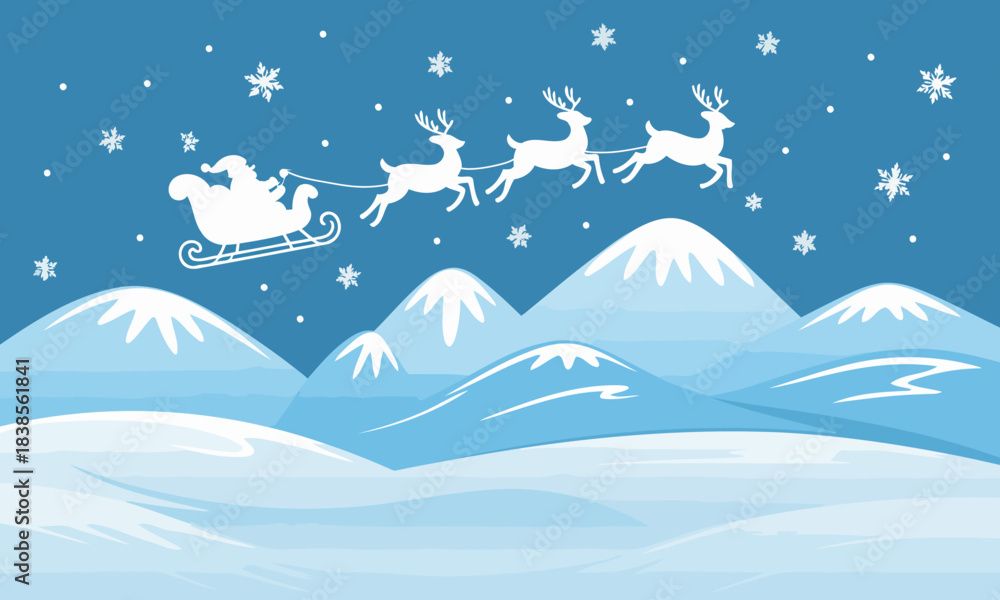 Naklejka premium Santa Claus Flying with Reindeer Over Snowy Mountains and Snowflakes