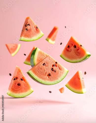 Watermelon slices levitate against a pastel pink backdrop