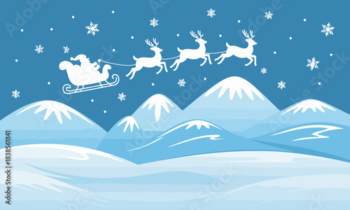 Santa Claus Flying with Reindeer Over Snowy Mountains and Snowflakes