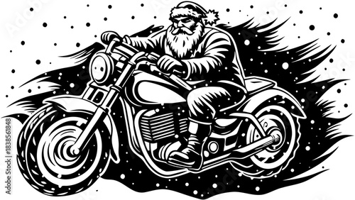 Very beautiful dynamic winter illustration of Santa Claus riding a motorbike through a snowy storm, creating an adventurous and energetic holiday scene ideal for festive art and posters.