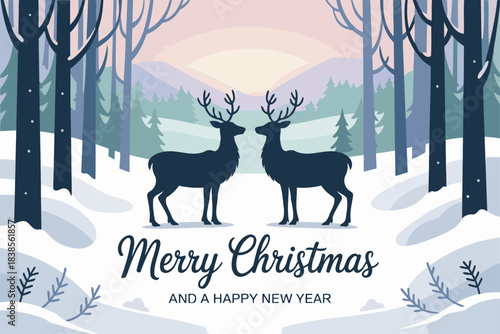 Serene Winter Wonderland with Reindeer Snowy Forest and New Year Greetings
