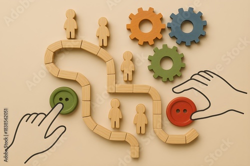 Conceptual Workflow Strategy with Wooden Path, Figures and Interactive Elements