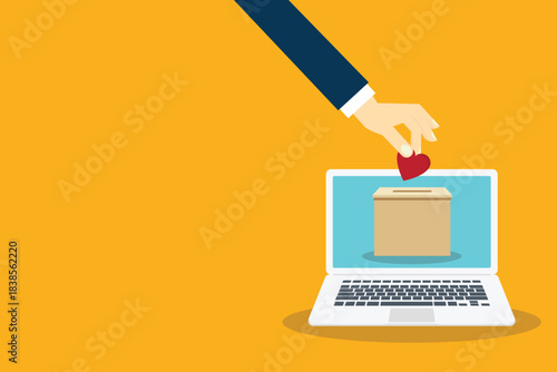 Human hand putting red heart in box. Donation concept.	