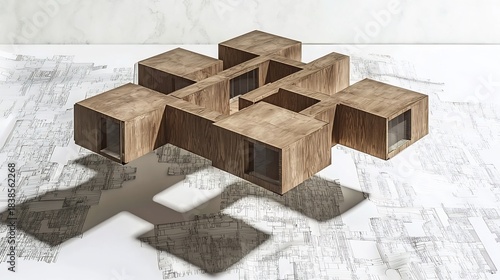 Fototapeta Naklejka Na Ścianę i Meble -  3d Structure Floating Over Architectural Paper Built From Brown Wooden Panels Aligned In Precise Urban Form With Shadow Play