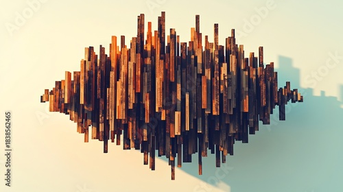Fototapeta Naklejka Na Ścianę i Meble -  3d Structure Floating Over Architectural Paper Built From Brown Wooden Panels Aligned In Precise Urban Form With Shadow Play