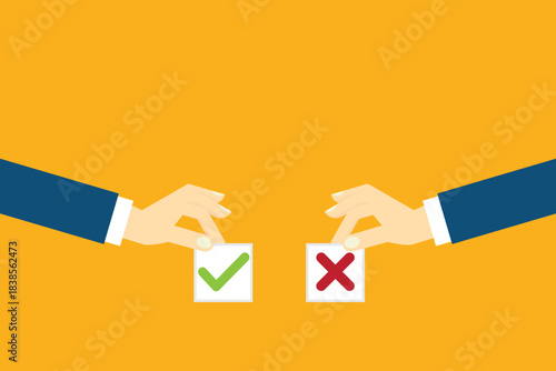 Comparing positive advantages or negative disadvantages. Human hands holding yes and no papers as pros and cons	