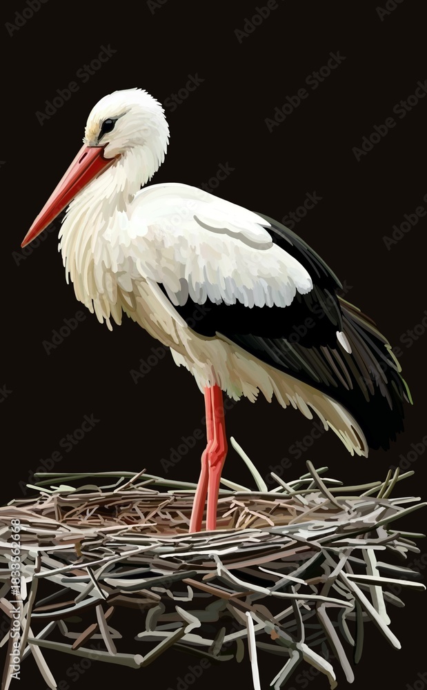 Fototapeta premium White stork standing in a nest on dark background, artistic digital illustration with detailed feathers. Symbol of family, home, nature, spring, care, ecology and wildlife.