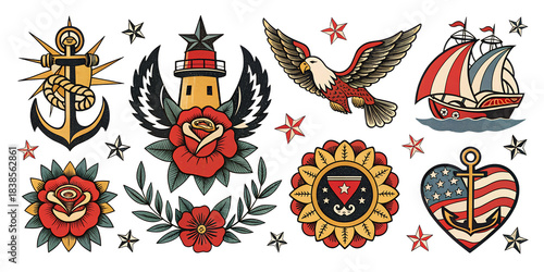 Traditional American tattoo style elements featuring anchor eagle ship and roses isolated on transparent background