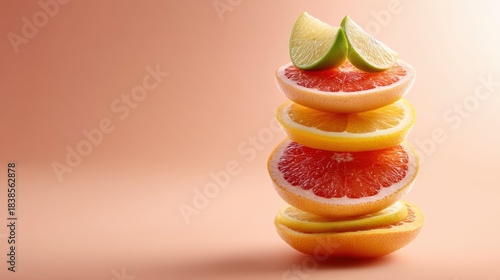 Citrus fruit arrangement on smooth peach table with gentle illumination