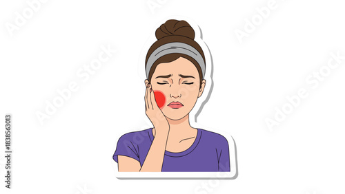 Person Suffering From Toothache And Jaw Pain Holding Cheek With Red Area Indicating Discomfort And Distress Over Black Background And White Outline