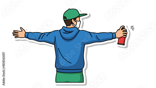Person wearing blue hoodie green cap and black mask holding red spray can with arms outstretched against black background cartoon illustration