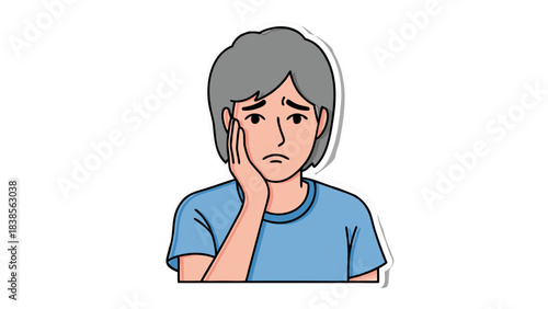 Person With Gray Hair In Blue T Shirt Holding Cheek Showing Sadness And Discomfort On Black Background With White Outline Clean Simple Illustration