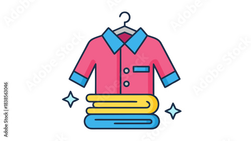 Pink Collared Shirt Hanging Above Stacked Yellow and Blue Folded Clothes with Sparkle Accents Clean Laundry Concept