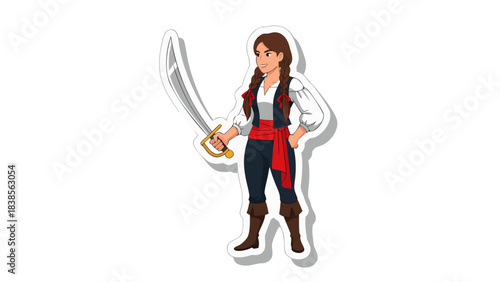 Pirate Woman Holding a Curved Sword Ready for Adventure on a Transparent Background
