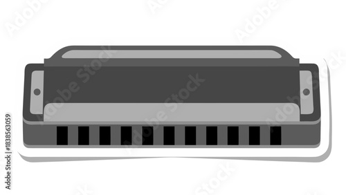 Monochrome Illustration of a Blues Harmonica with Detailed Metal Casing and Visible Reeds on a White Background with Subtle Shadow
