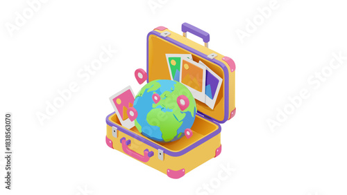 Open Yellow Suitcase Filled With Travel Photos And A Globe With Location Pins Ready For Vacation And Adventure