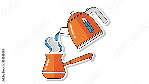Orange Electric Kettle Pouring Water Into Orange Cezve With Steam Rising Against Black Background Simple Flat Illustration