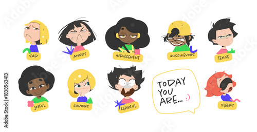 School Character Emotion Set with Boy and Girl Showing Sad, Angry, Indifferent, Mischievous, Joyful, Curious, Fearful and Sleepy Faces, with Icons and “Today You are” Labels