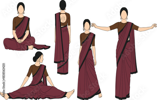Set of Traditional South Asian Woman Character Vector Illustration in Salwar Kameez for Cultural Celebration Festival or Lifestyle Concepts.