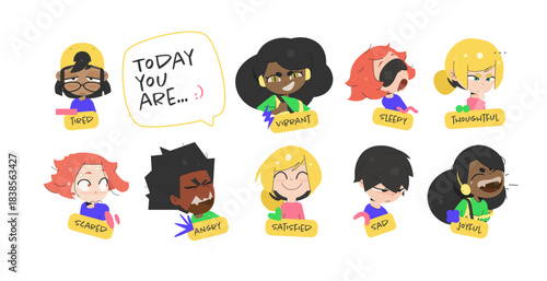 School Emotion Characters with Boy and Girl Showing Tired, Vibrant, Sleepy, Thoughtful, Scared, Angry, Satisfied, Sad and Joyful Moods with Icons and “Today You are” Labels for Creative Projects