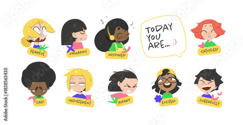 School Emotion Characters with Boy and Girl Showing Fearful, Unhappy, Inspired, Satisfied, Sad, Indifferent, Angry, Excited and Cheerful Faces with Icons and “Today You are” Labels