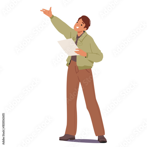 Man aspiring actor character diligently reading script and embodying his role isolated on white