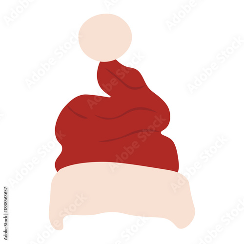 Tall curved Santa hat with wide fluffy brim, red Christmas cap in flat style