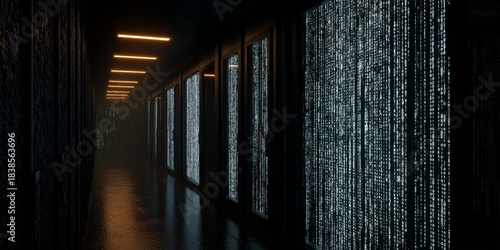 Dark corridor lined with glowing screens displaying code, illuminated by orange lights above