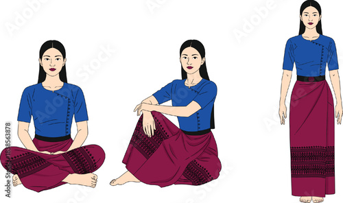 Set of Traditional South Asian Woman Character Vector Illustration in Local Attire Sitting and Standing for Cultural or Travel Concepts.