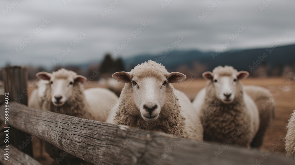Fototapeta premium A serene pastoral scene featuring a trio of sheep standing calmly behind a rustic wooden fence, set against a backdrop of soft, blurred mountains under an overcast sky.