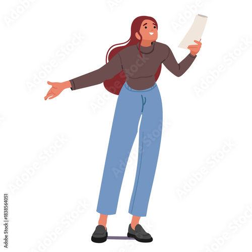 Inspired woman cartoon character reading script playing role at theatrical class isolated on white