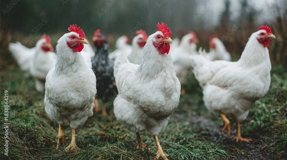 Fototapeta premium A flock of hens roam freely on a grassy field. Predominantly white plumage, with red combs adding a vibrant contrast. A peaceful, rural scene of domestic poultry.