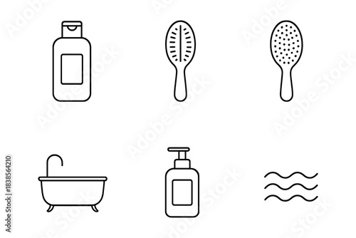 Hair care and bath essentials line icons for beauty, wellness, and personal hygiene branding. Ideal for shampoos, conditioners, bath products, and grooming accessories. Vector illustration