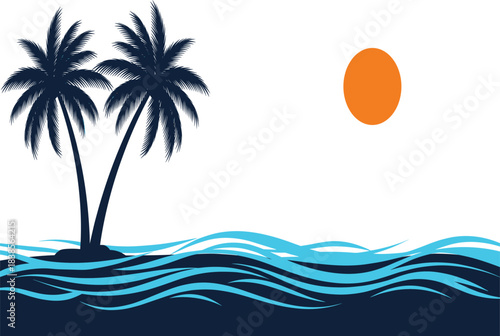Tropical Sunset Beach Silhouette Vector with Palm Trees and Ocean Waves for Summer Holiday Travel and Exotic Vacation Theme.