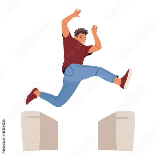 Young athlete male cartoon character overcoming obstacles practicing street parkour outdoors