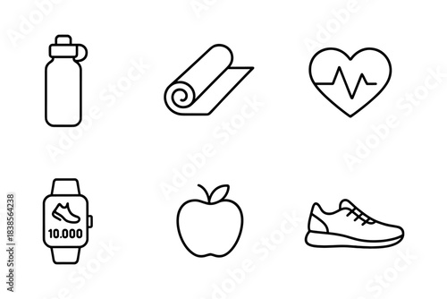 Fitness and healthy lifestyle line icons for gym, workout apps, nutrition and wellness branding. Ideal for sport, health tracking and activity UI design. Vector illustration