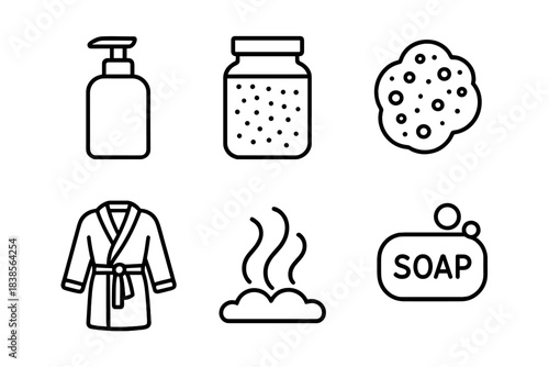 Cleanliness and body care line icons for bathroom, hygiene and spa branding. Perfect for beauty, wellness, bath products and skincare packaging. Vector illustration