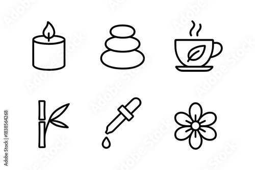 Spa and wellness line icons for beauty, massage, skincare, relaxation and aromatherapy branding. Minimal outline symbols for health, lifestyle and natural product packaging. Vector illustration
