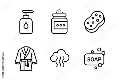 Bathroom and hygiene line icons for spa, skincare, body care and personal hygiene products. Ideal for beauty, wellness and cleaning branding. Vector illustration