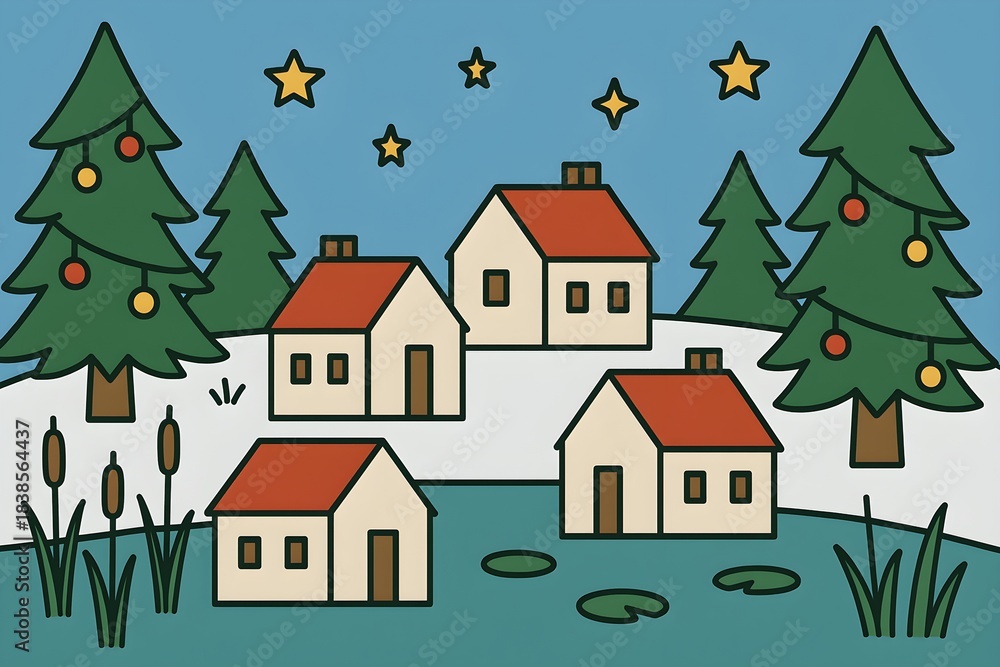 Naklejka premium Quaint village in winter wonderland illustration
