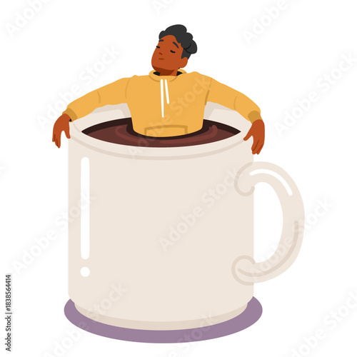 Humorous relaxed man cartoon character resting inside huge coffee cup with aroma drink with comfort